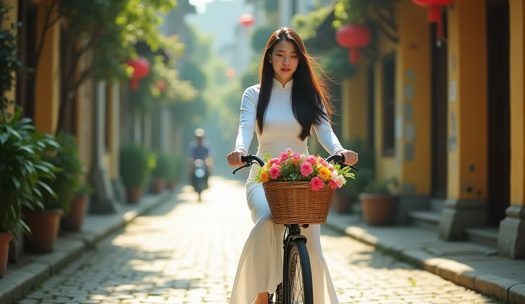 Make a photo of a Vietnamese female model wearing a white Ao Dai. Riding a bike on an old street. 50mm lens. bright. realistic. Focus your eyes well. Make a basket and a bouquet of flowers in front of the bike. Wide angle.