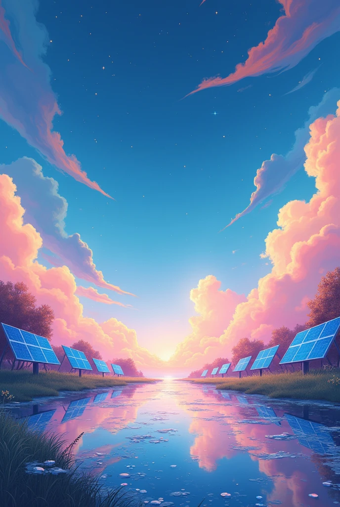 Blue sky with rainbow clouds and rain drops with solar panels 
