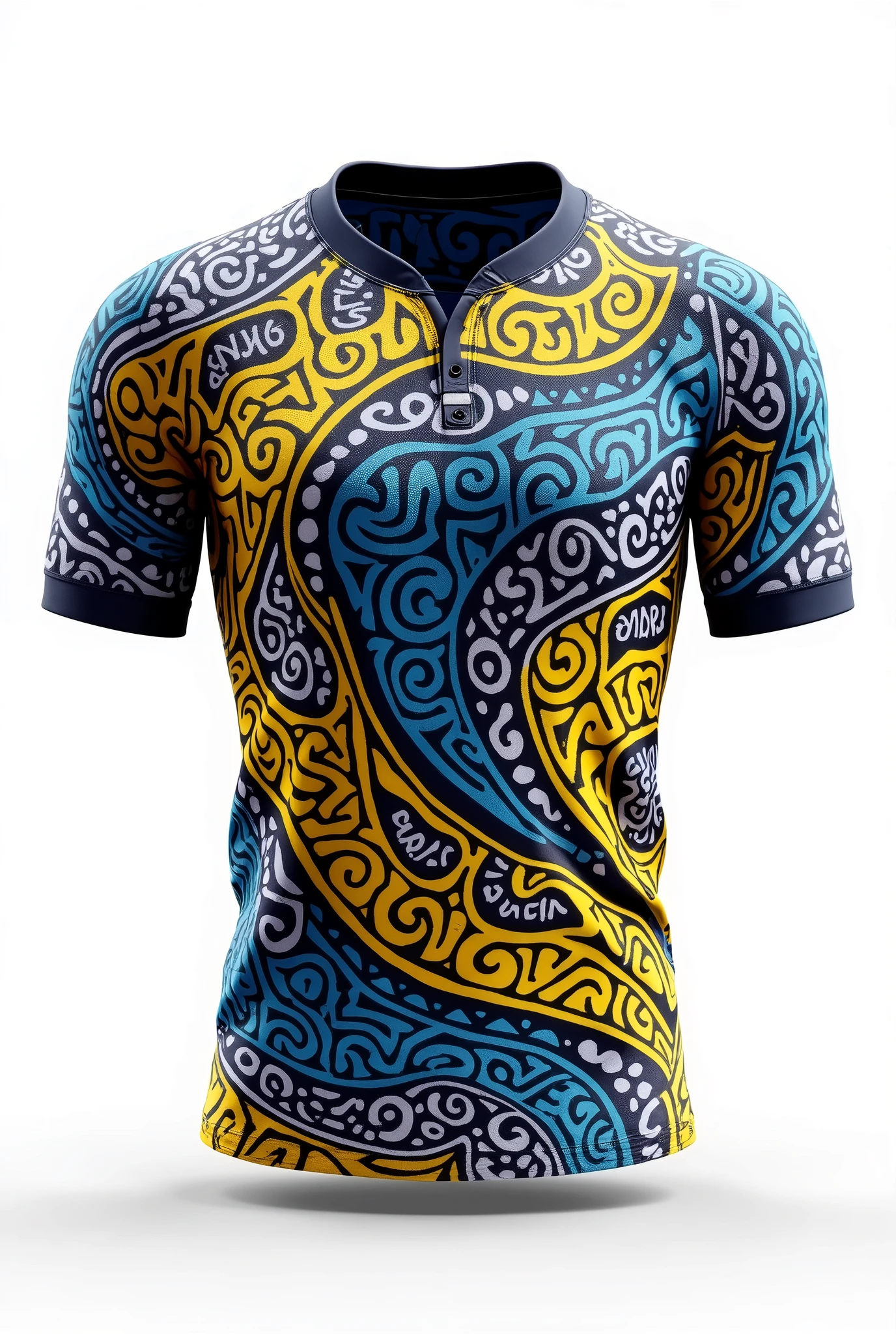 Create rugby jersey round neck yellow blue white Maori tribe full pattern white background wrote BERA rugby
