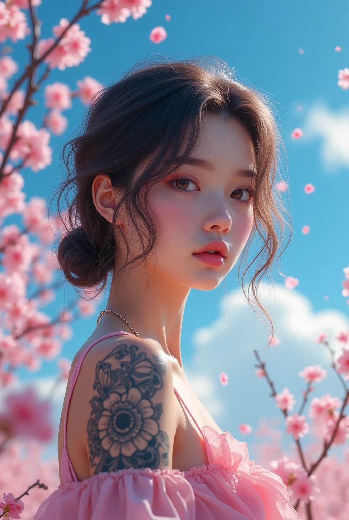 Girl , sakura  , tattoo , sky, young ,tattoo on shoulder ,  tattoo, really real￼