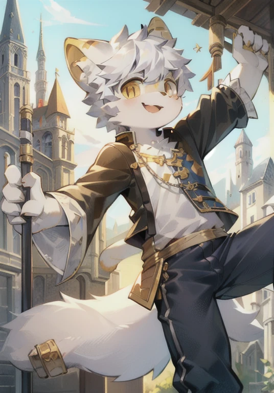 White male cat，boy，cute，Q version，，Big furry tail，Hairy pads，，Golden Eyes，Detailed background，Silver hair，Brave costume，happy，Holding a weapon，White top，Black pants，castle，Golden Skin，