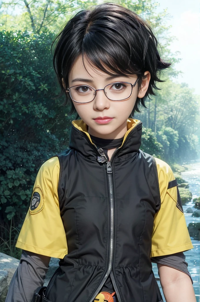 masterpiece, best quality, (realistic,photo-realistic:1.4), (RAW photo:1.2), extremely detailed CG unity 8k wallpaper, delicate and beautiful, amazing,finely detail, official art, absurdres, incredibly absurdres, huge filesize, ultra-detailed,extremely detailed eyes and face,light on face,sarada,(little smile:1.2),(black hair:1.4),(wearing tactical gear:1.5),(very short hair:1.4),nature,sarada uchiha ,(wearing glasses:1.4),(narure background:1.4),belt