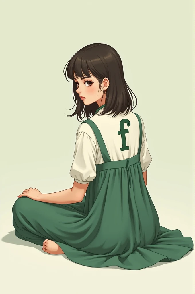 A age girl sitting on the floor wearing green and white dress "F" alphabet show in her back in daimond font