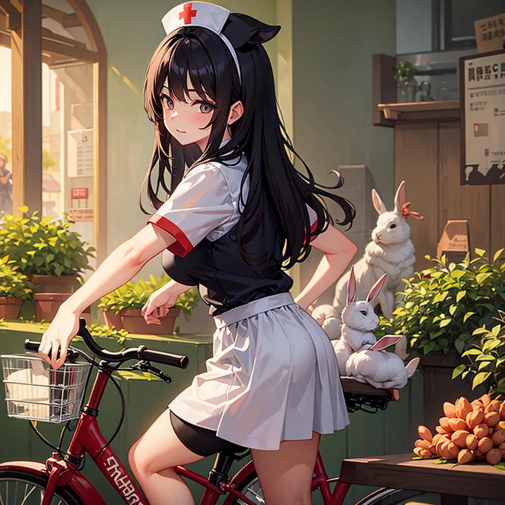Dark-haired nurse riding a bicycle、There are rabbits and peanuts.
