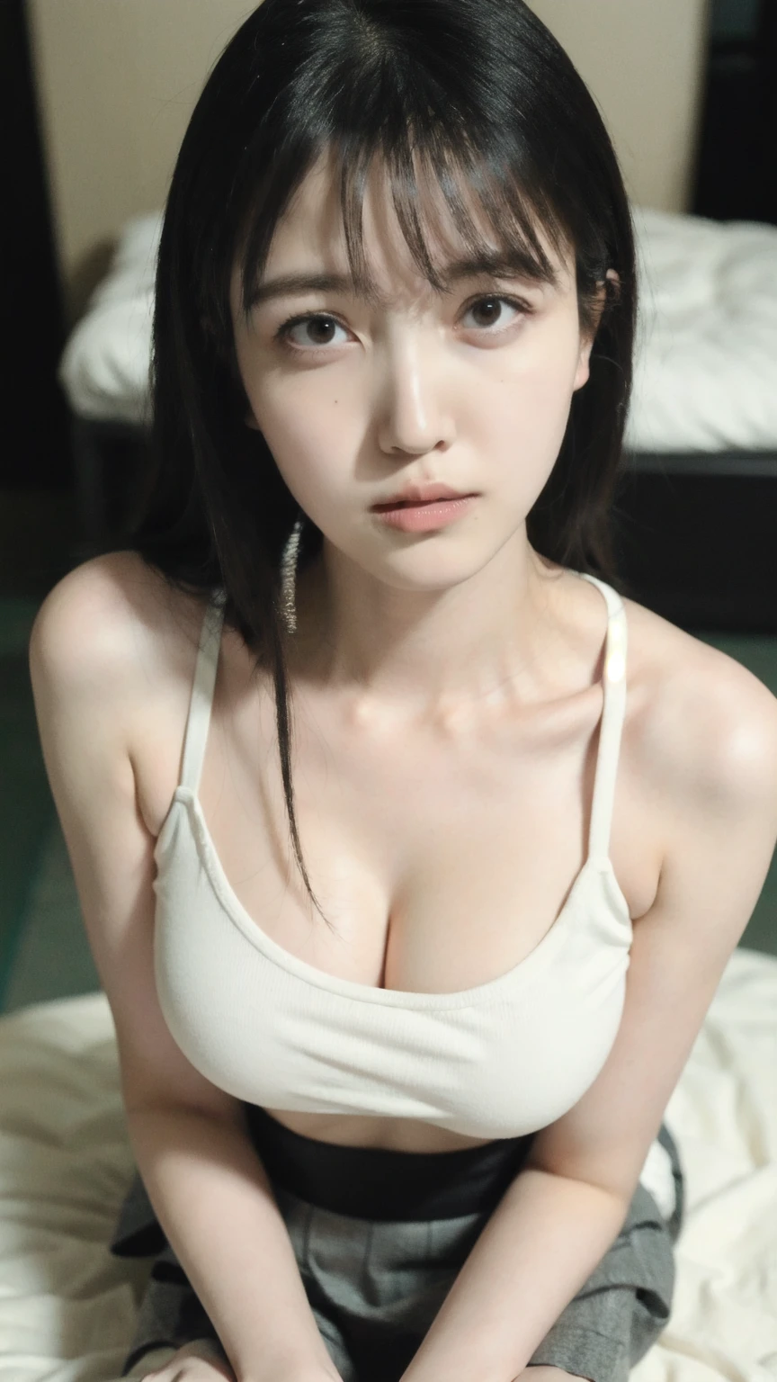 1girl, woman, masterpiece, best quality, highest quality, cinematic lighting, (volumetric lighting), extremely detailed CG unity 8k wallpaper, focused, 8k wallpaper, extremely detailed, ultra realistic, photorealistic, sharp focus, absurdres, (HDR:1.2), (high contrast), photograph, detailed and intricate, instagram, portrait, highly detailed, digital painting, artstation, concept art, smooth, sharp focus, illustration, cinematic lighting, (big breast:1.5), eyes looking at the viewer, ((medium shoulder)), (skinny legs), (slender body), ((height 163cm)), (HQ skin:1.4, Realistic human body structure), (medium body shot, hip level shot), (aerial shot photo), (wearing knit strap tank top, black short skirt), (pale skin)