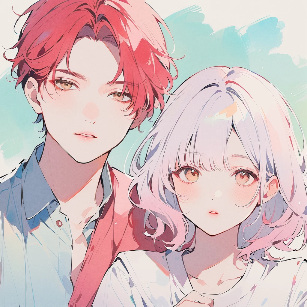 A red–haired girl and a white-haired boy Watercolor、pale colour、