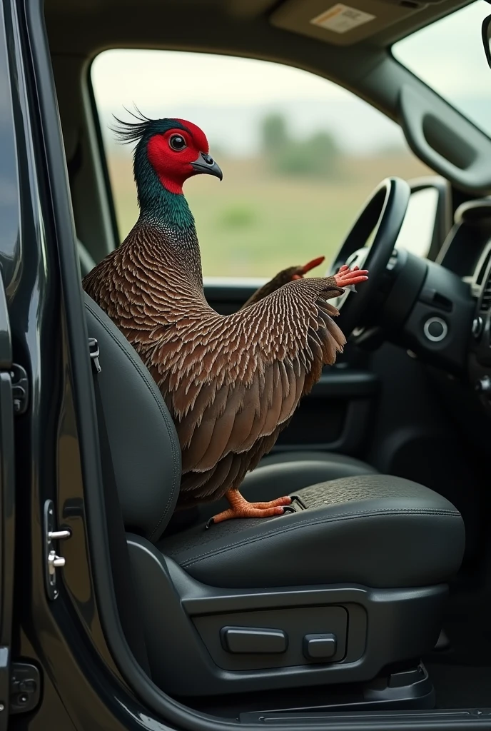 Make a Brazilian partridge (rhynchotus rufescens ) driving with the wings a black RAM 3500 the partridge driving with the wings the partridge INSIDE THE CAR perfectly and with the WINGS HOLDING THE STEERING WHEEL NOT THE LEGS and take off this red part on the face but the image outside