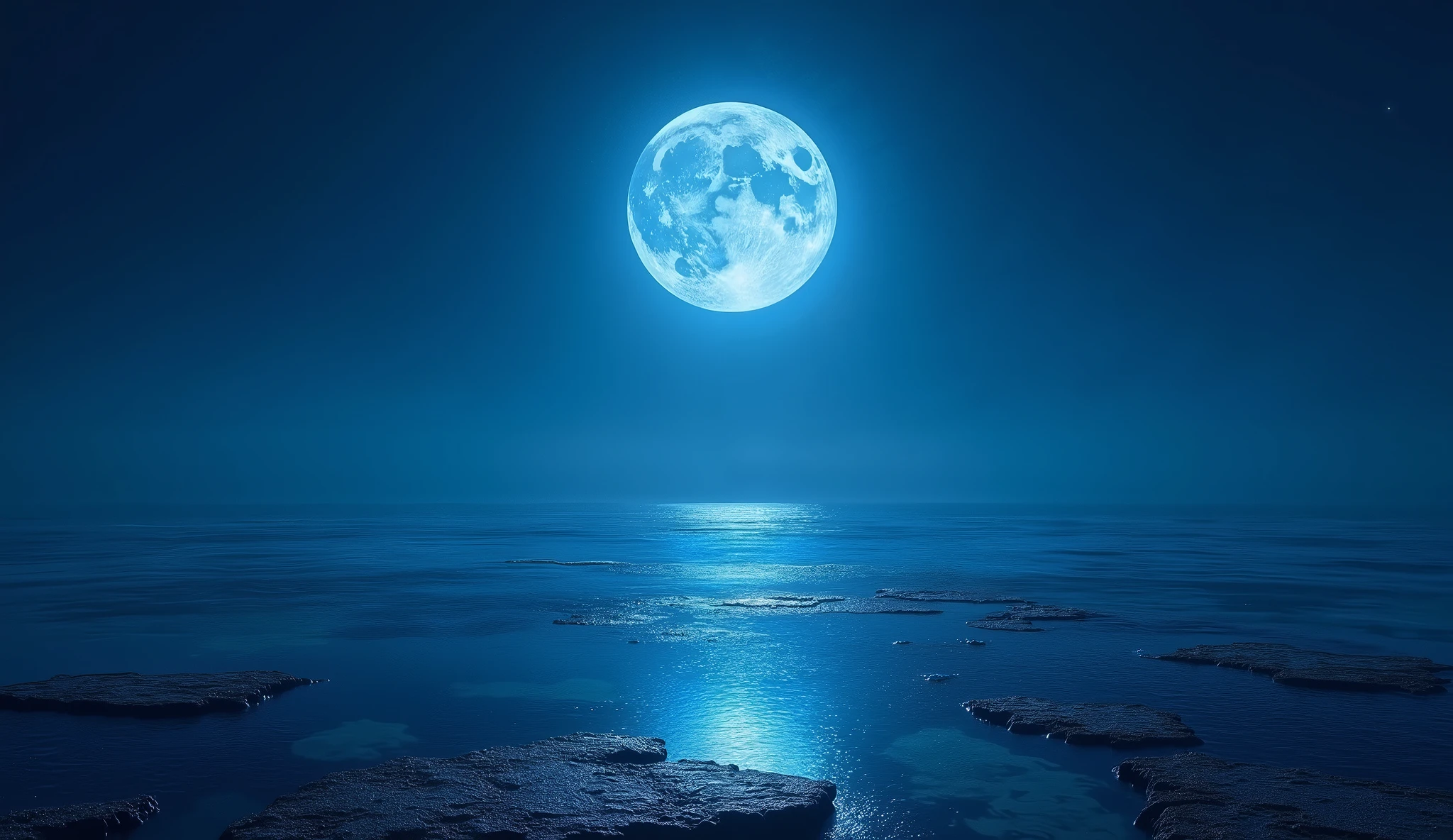 The magnificent sight of a full moon over the vast ocean, Blue Moon Light, (The blue night is very bright,Almost the same as during the day), The blue glow has the Tyndall effect, Soft blue night light, Blue vibe, Moon Landscape, deep Blue vibe, blue glow, blue sunset, Blue Moonlight, Moon surface, dark blue planet,There is seawater,(There are reefs exposed above the water),The sea water reveals the moonlight under the reflection of the moon,(The moon is in the upper center of the picture,The whole picture is blue)((The whole picture is very clear and bright,You can see the outlines of various objects))