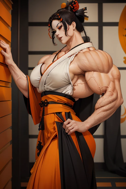 ((Close-up)), tall, (orange hair), beautiful muscular geisha, long shaggy hair, pale white skinned, (closed smile), (black lipstick), ((massive muscles)), (hyper muscle), ((ginormous bulky muscles)), green eyes, ((((beautiful long orange geisha kimono, long long skirt)))), (in a temple)