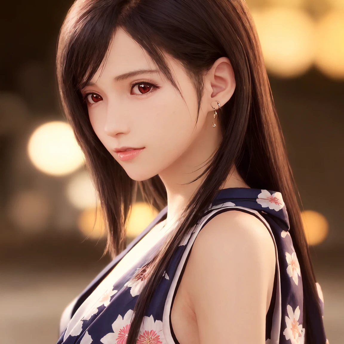tifa lockhart ,((female)),Solo,(20yo:1.3),(japanese,cool beauty:1.2),(detailed face),((yukata)),folded fan,((put hair in ears)),((Looking Over Shoulder)),Half Smile,black hair,From Behind,((Upper Body)),(perfect ???????:1.3),(hyper detailed, masterpiece:1.2), best quality,RAW photo, exquisite, beautiful ,sharp focus, depth of field ,blur background, bokeh ,Professional lighting