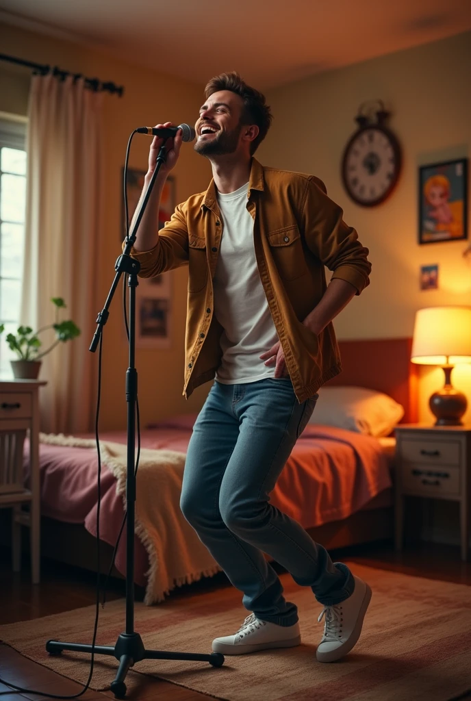 A man vibing and singing in mic ,in his room 
