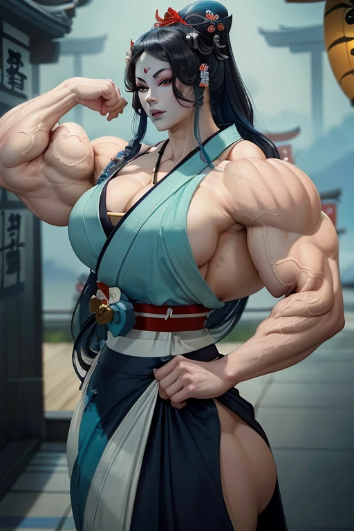 ((Close-up)), tall, (cyan blue hair), beautiful muscular geisha, long beachy hair, pale white skinned, (closed smile), (black lipstick), ((massive muscles)), (hyper muscle), ((ginormous bulky muscles)), purple eyes, ((((beautiful long cyan geisha kimono, long long skirt)))), (in a temple)