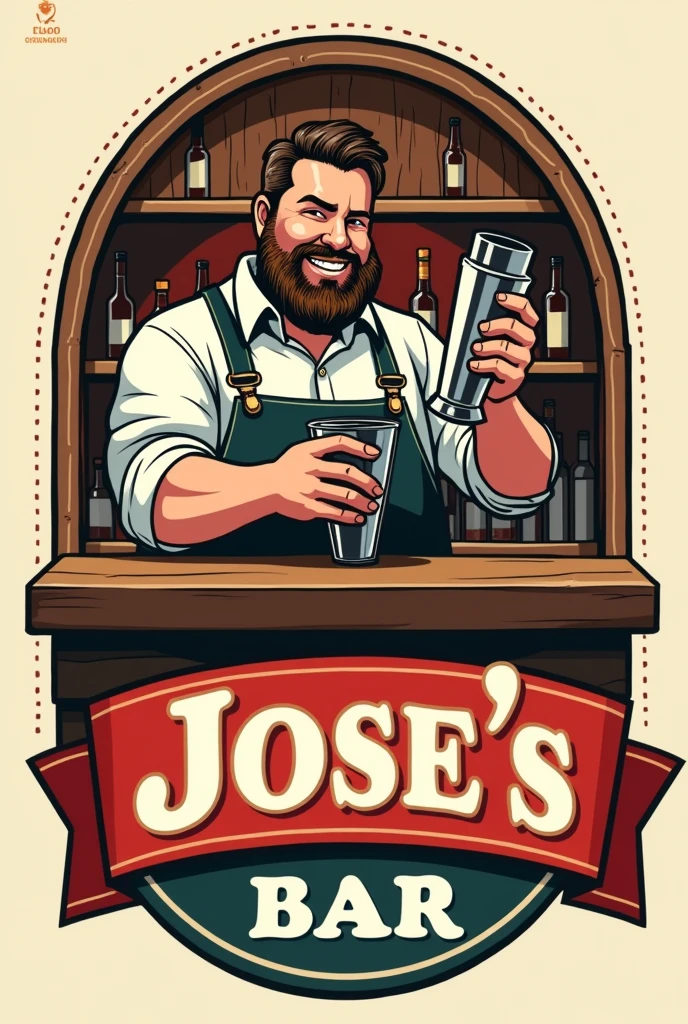 create a logo for a bar called "Jose&#39;s Bar" with bartender theme, that the man is chubby without a beard and shaking a shaker