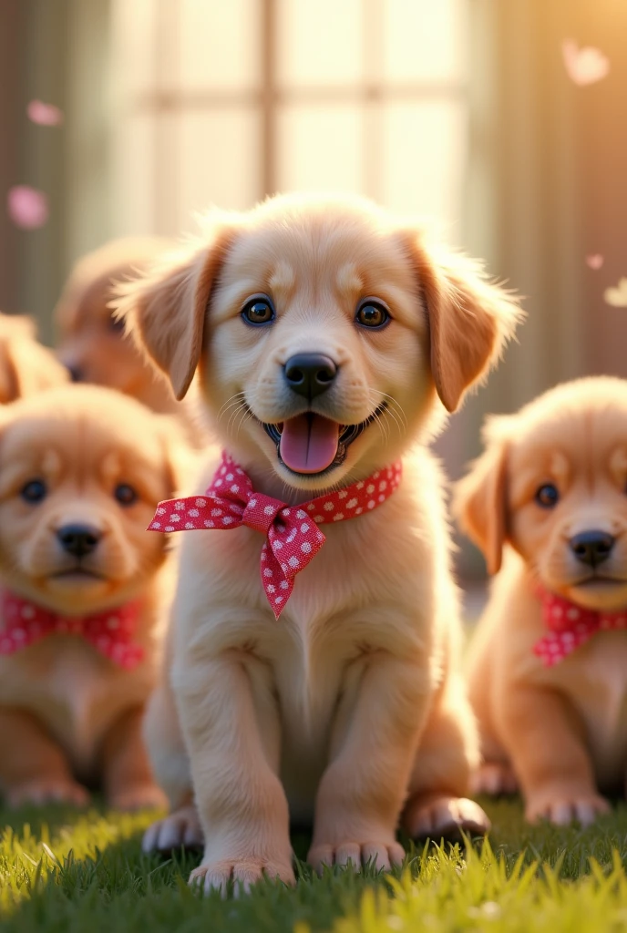 Many puppies with bow