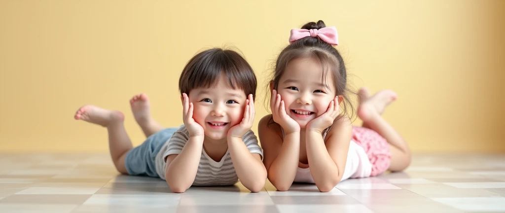 (Photorealism: 1:5), Create a picture with a very harmonious and balanced composition:
Children:
Vị tri: Two children lying on the floor, form a diagonal line from left corner to right corner.
Posture: boy lying on his back, with body slightly leaning towards the girl, while the girl also lies on her back and leans slightly towards the boy.. Posture này tạo cảm giác gần gũi và thân thiết. Two children use their hands to make glasses on their eyes. Expression: Both have happy expressions., with a bright smile, bring the image to life.
Floor:
Colour: Floor sáng màu, can be white or light colored, helps highlight the main characters in the photo.
structure: Flat surface, checkered, clean, create a feeling of spaciousness and comfort.
How to arrange:
symmetric: Although the two children are not perfectly symmetrical, But their arrangement creates a natural balance in the composition..
Space: There is a lot of empty space around the two children. The overall composition creates a playful image., friendly and warm, attract attention and create a positive feeling for the viewer.