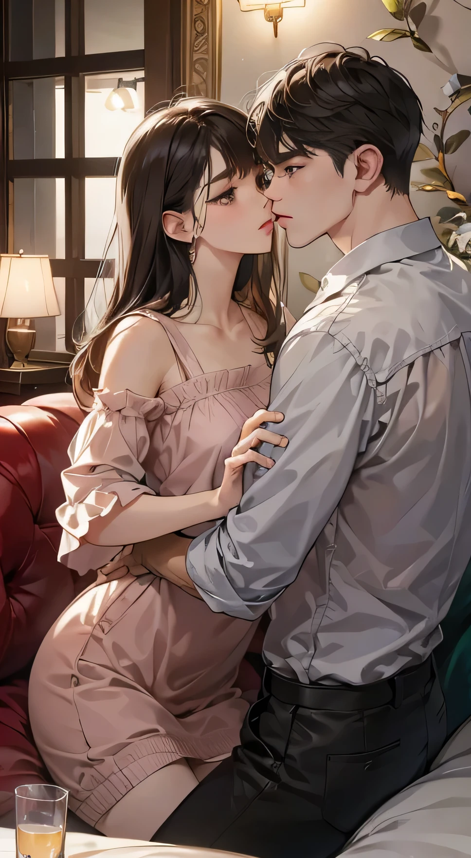 Young men and women in their 20s、1 male, 1 woman、(best quality, masterpiece, 8k, Reality, Movie Lighting, 1:4 hdr images, Extremely detailed, Beautiful images)）(Extremely detailed CG unified 8k wallpaper),(masterpiece, High resolution,Very detailed:1.0)，（The boy is the overbearing president）（Girls are sexy）Unisex Lightweight Clothing、When kissing、Woman&#39;s romance、Bright and atmospheric、Glossy appearance、Saliva overflow、woman（brown semi-long hair）Close your eyes、Sweet Sigh、Men（Black short hair、Wear a shirt）用力Close your eyes、background（A room、sofa）、Dead、Darker，The picture is romantic，Pink glow，Ambiguous atmosphere，Beautiful light and shadow，