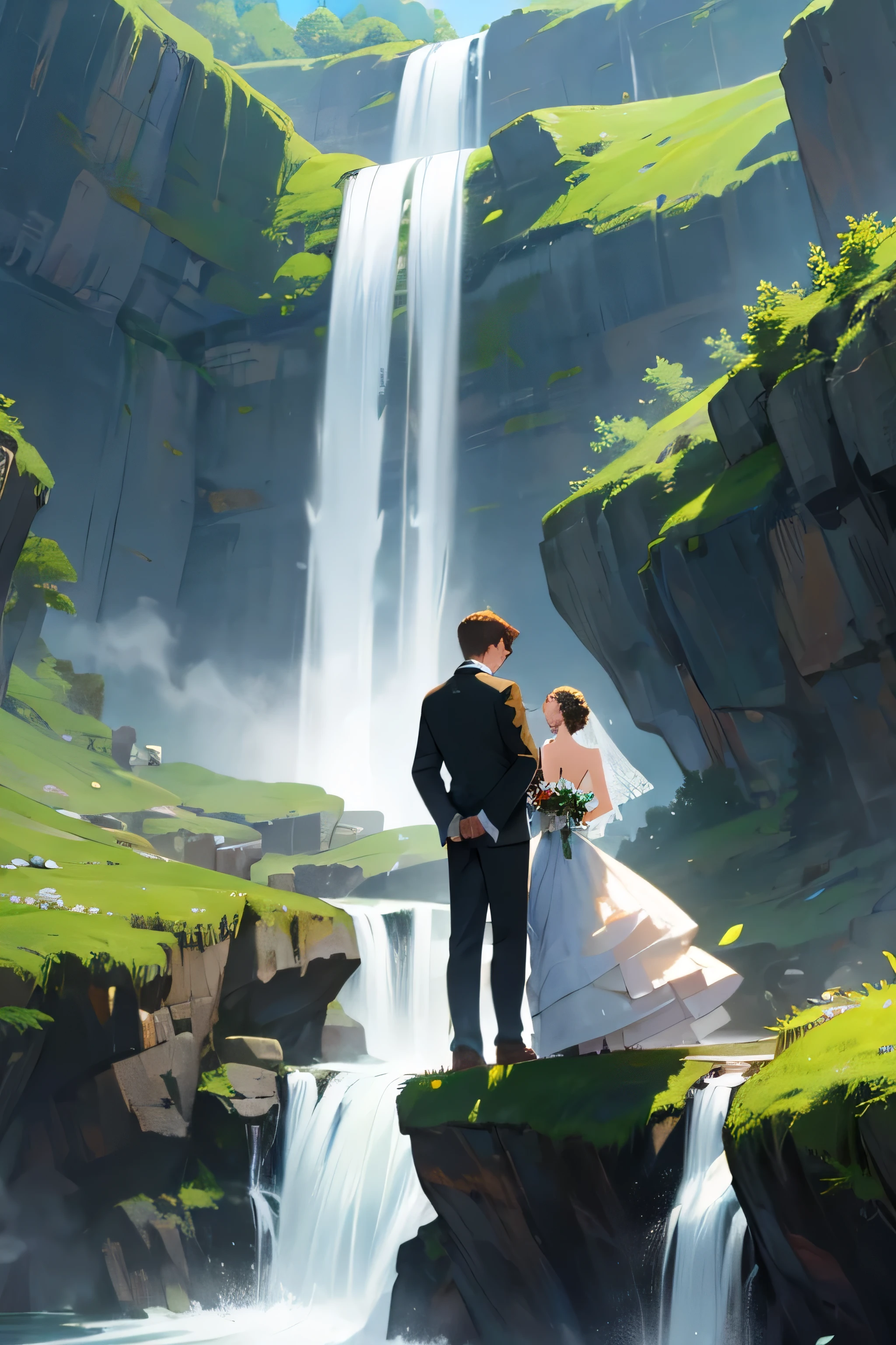 make a scene where a pair of bride and groom at waterfall and they looking at waterfall in back position and they stand on the land