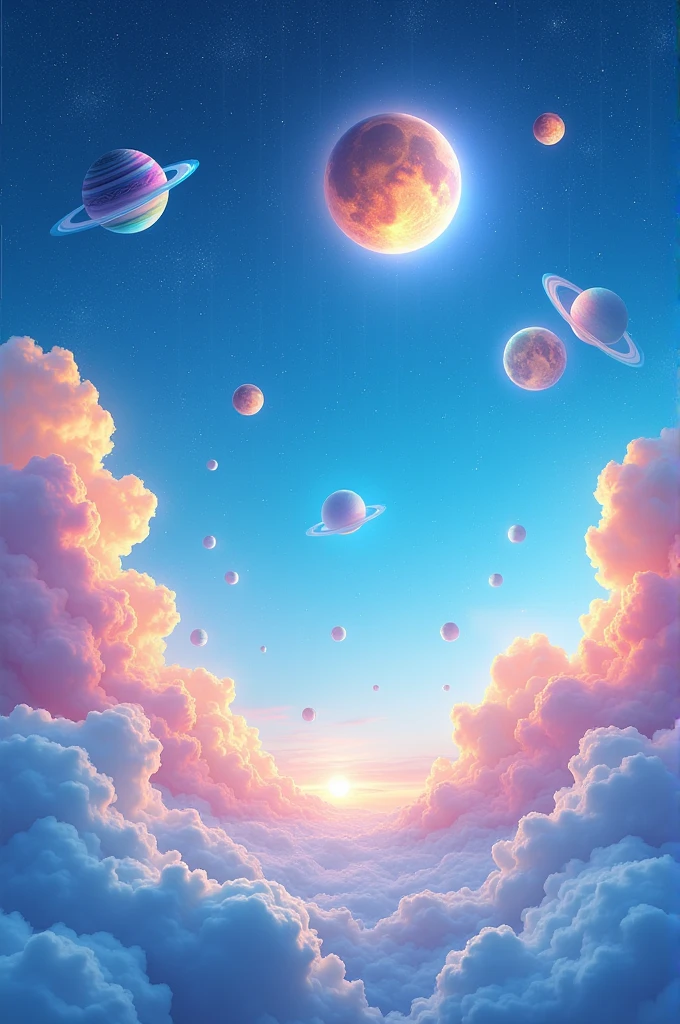 Blue sky with rainbow clouds and rain drops with solar system