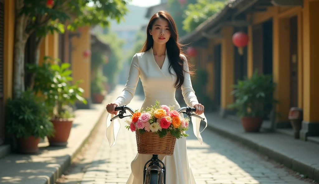 Make a photo of a Vietnamese female model wearing a white Ao Dai. Riding a bike on an old street. 50mm lens. bright. realistic. Focus your eyes well. Make a basket and a bouquet of flowers in front of the bike. Wide angle.
