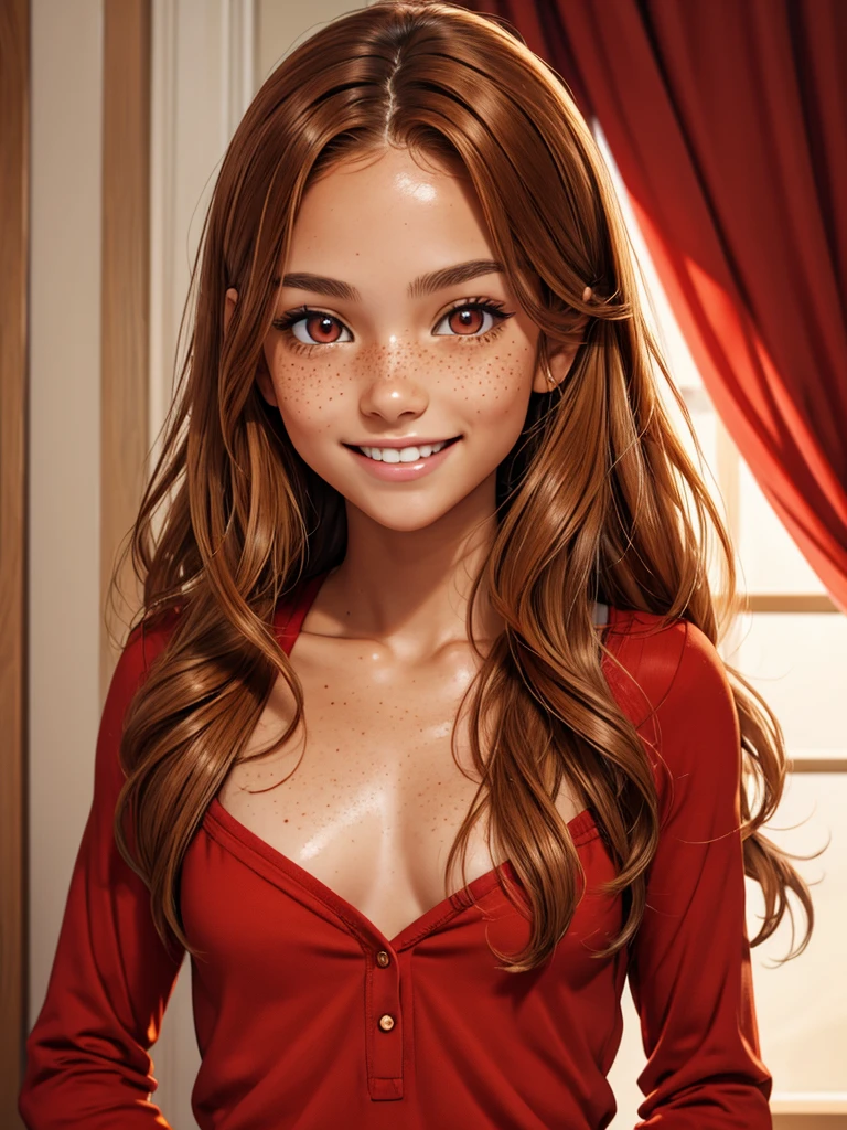 (best quality), 1girl, female, honey toned skin, chestnut hair, long hair, slightly wavy hair, brown eyes, perfect eyes, freckles, red clothes, , skinny body, small bust, smile, masterpiece, anatomically correct, highres
