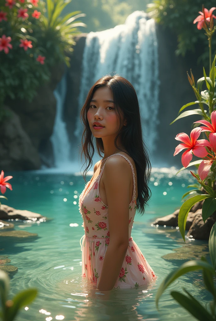 Create real pinay wearing froral red background in the water falls