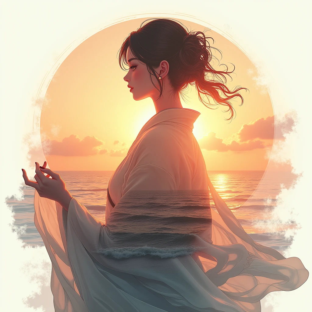  High quality anime girl goddess, 8k ultra-HD, A beautiful Double exposure that combines an goddess silhouette with sunset coast, the sunset coast should serve as the underlying backdrop, with its details incorporated into the goddess , Sharp lines, The background is monochromatic, sharp focus, Double exposure, By Yukisakura, amazing full color,