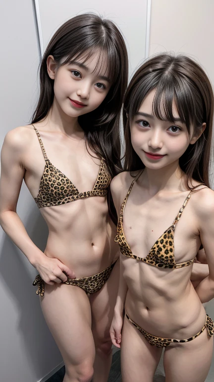 (((Two Japanese girls)))(((They are standing side by side)))((Flat Chest:1.8)),(Slender skinny body:1.7) ,Baby Face、 Bodybuilder Naked,, Tabletop, high quality, 32K Full HD, Realistic Face, Realistic texture ,Brown Hair、Random hairstyle、Full body shot , Very cute and baby-like face, (((Flat Chest))), (Hotel Rooms), ((Looking at the camera and smiling)), (((Show off your beautiful thighs))), (((cute))), , ((Wearing a tiny leopard print super micro bikini)) Small bodybuilder, (((Small face & head)))