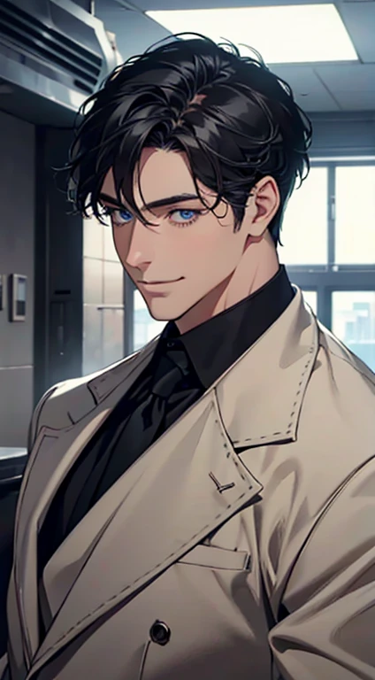 a mature man with short grey Black hair, blue eyes, 31 years, and a perfect face, smiling in love, CEO, cinematic lighting, 1:4 HDR image, top view, ultra detailed, best quality, masterpiece, 8K, photorealistic, beautiful image