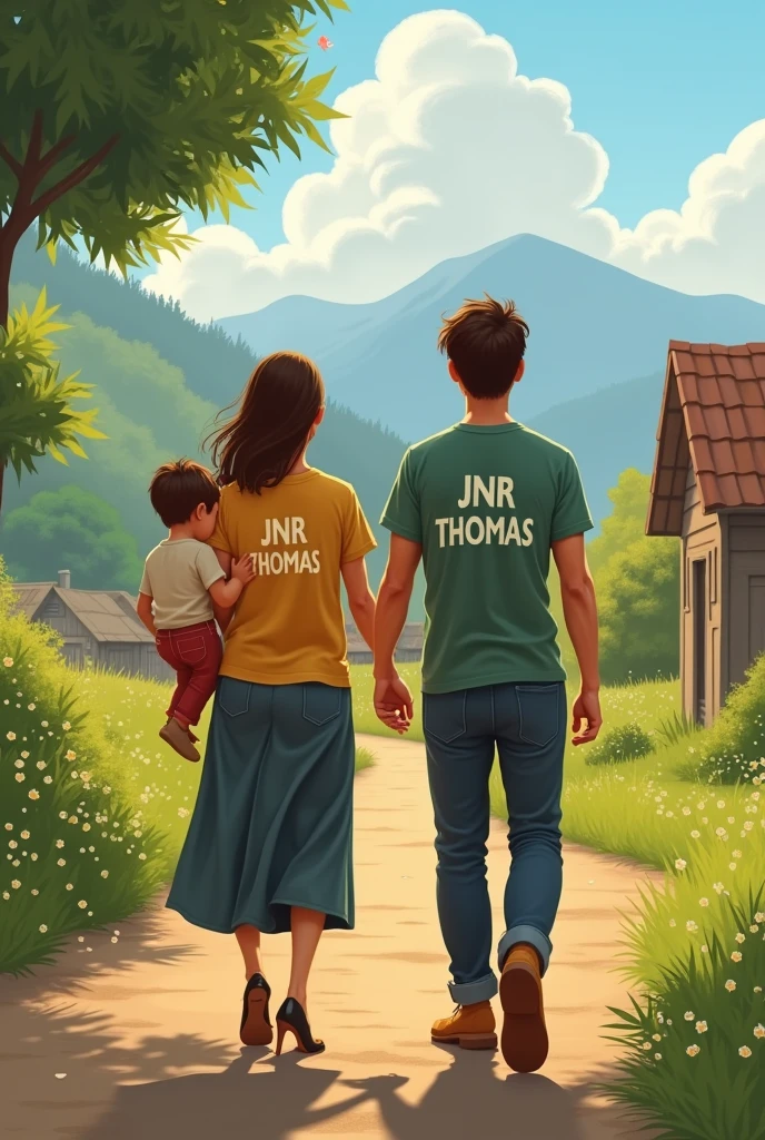 man and his wife working home to there village with their baby boy..on the man's T shirt write Jnr Thomas and his wife T shirt write Julie k and the baby boy T shirt write Azariel B Abe.