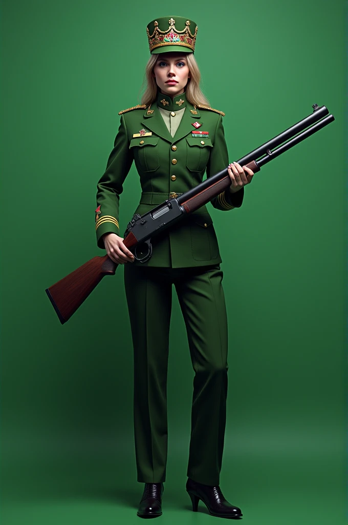 Military governor general standing with handed long shot gun, Female, King's crown on head , green uniform, plain green screen background