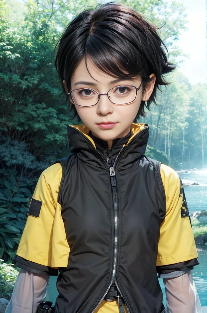 masterpiece, best quality, (realistic,photo-realistic:1.4), (RAW photo:1.2), extremely detailed CG unity 8k wallpaper, delicate and beautiful, amazing,finely detail, official art, absurdres, incredibly absurdres, huge filesize, ultra-detailed,extremely detailed eyes and face,light on face,sarada,(little smile:1.2),(black hair:1.4),(wearing tactical gear:1.5),(very short hair:1.4),nature,sarada uchiha ,(wearing glasses:1.4),(narure background:1.4),belt