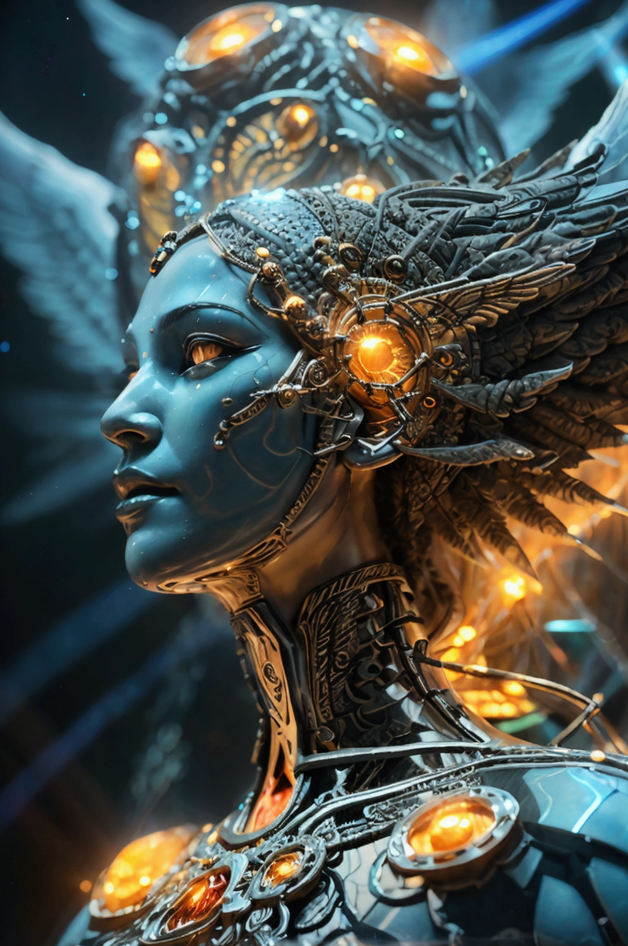 Samuel Farrand like artwork, depicting an extradimensional bionic cyborg angel entity, ancient geometry, intricate and detailed mandala designs, symbology, life forms in a solar or space type of feel and fused with the lights and darks of space, blackness, complex and beautiful, deity, surreal all seeing shaman, glowing, superimposed images of these realistic 4D physical life forms, lighting effects, higher elevation, space spirit, instinctual, velocity, lucid dream, sacred spirit, 3rd eye illumination, god