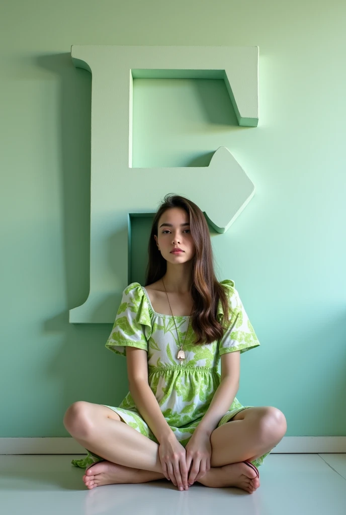A age girl sitting on the floor wearing green and white dress "F" alphabet show in her back on the wall in daimond font