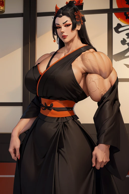 ((Close-up)), tall, (black hair), beautiful muscular geisha, long straight hair, brown skinned, closed smile, (black lipstick), ((massive muscles)), (hyper muscle), ((ginormous bulky muscles)), orange eyes, ((((beautiful long black geisha kimono, long long skirt)))), (in a temple)