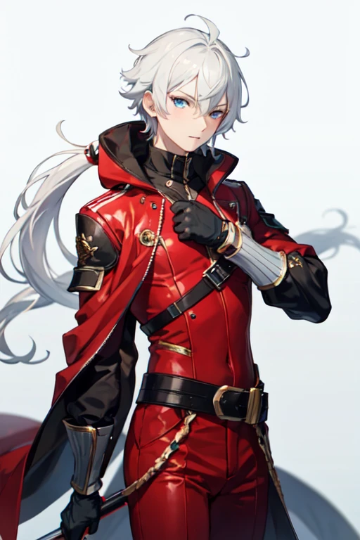 1 boy ,best quality, red covered clothes of assassins,blue eyed,white haired,