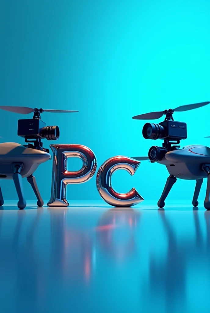 PRODUccIONES cAMAJA EN LETRAS cROMADAS, with a blue image with a blurred background, and with two drones, one on the right, and one on the left, and two video cameras, focusing on the initials, with the initials P,c