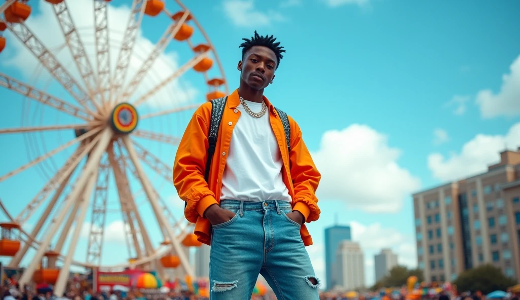 A high-resolution wide-angle photograph of a cheerful and cool model outfit in a white t-shirt with a hiphop jacket over it, paired with baggy jeans. He is carrying a backpack in a color that complements her outfit and posing in front of a Ferris wheel at an City. The photo is taken with a Canon R5 camera, ensuring that the entire image is in sharp focus, capturing the vibrant colors and the expansive, lively atmosphere of the park.