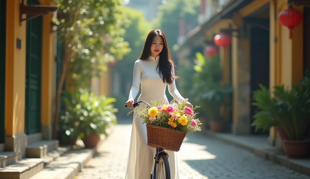 Make a photo of a Vietnamese female model wearing a white Ao Dai. Riding a bike on an old street. 50mm lens. bright. realistic. Focus your eyes well. Make a basket and a bouquet of flowers in front of the bike. Wide angle.