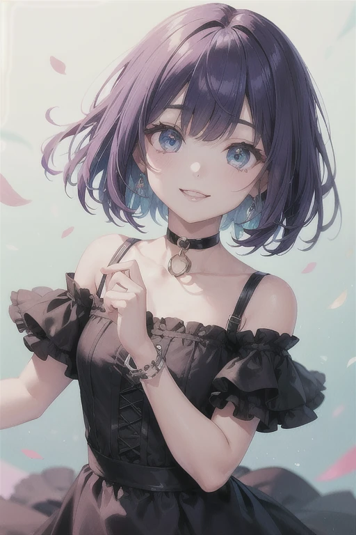 (Highest quality)、(Highest quality)、cute、(choker).eyes are emerald、Her hair is purple、Short Bob、date、