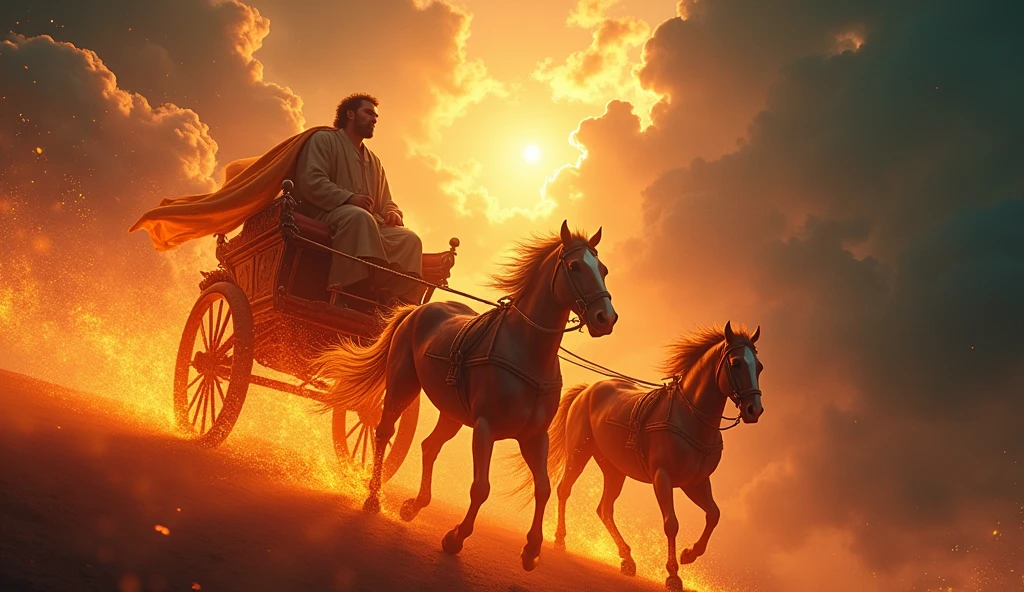 A highly detailed and realistic thumbnail for YouTube showing the prophet Elijah seated in a fiery chariot being pulled by majestic, fiery horses. Elijah is depicted with flowing robes, sitting calmly in the chariot, looking straight ahead. The chariot and horses are ablaze with vibrant flames, with sparks and trails of fire following them. Surrounding them are dramatic clouds with rays of divine light breaking through. The background includes a deep, rich blue sky with a gradient of orange and red from the flames, creating a striking contrast. Add a curiosity-inducing and attractive text overlay in bold, contrasting colors. Ensure the scene is cinematic and ultra-realistic with fine details, but do not include any symbols or text about 8K