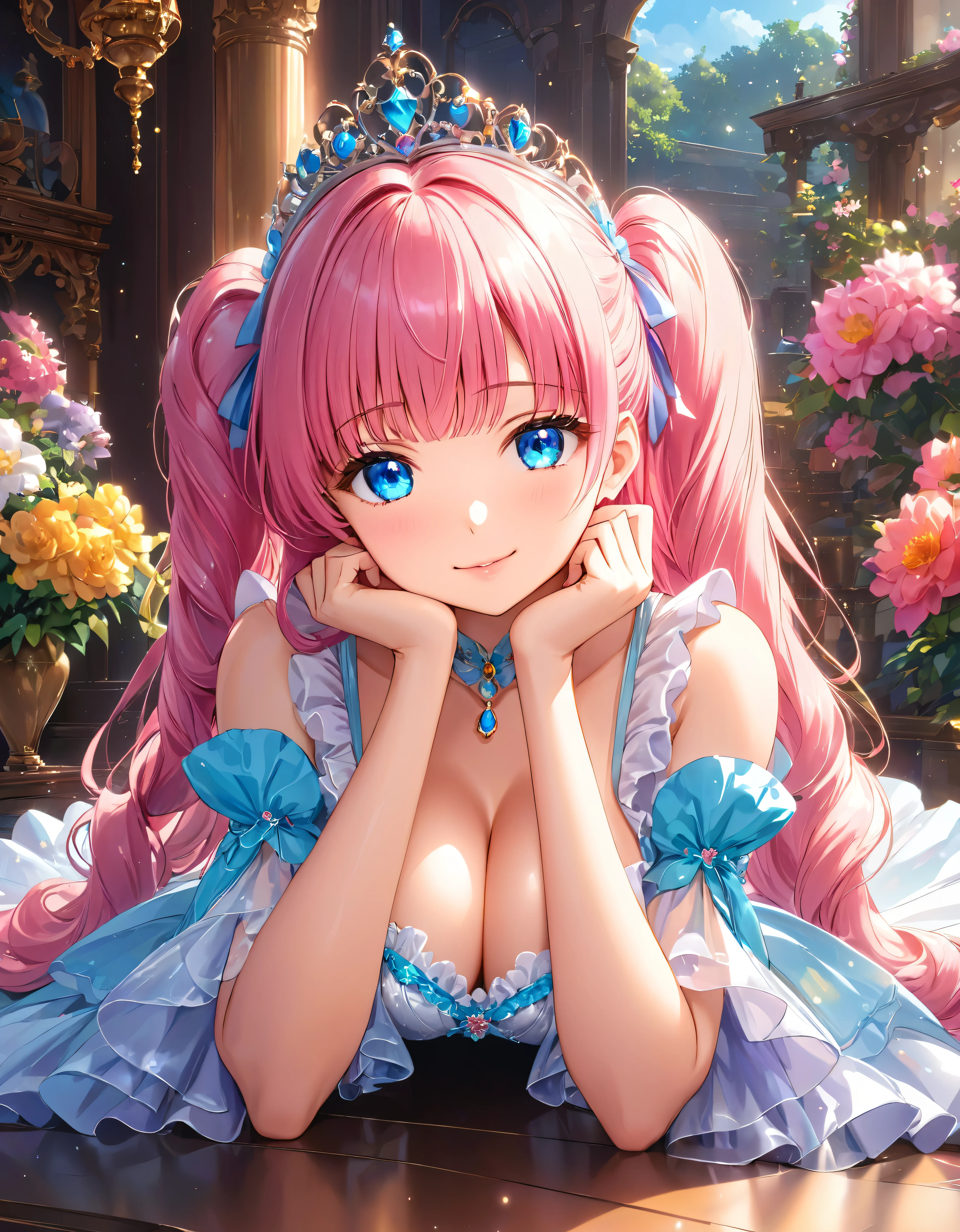 ((Extremely detailed depiction, Super detailed, Exquisite quality, Ultra-high resolution)), (upper body:1.5), ((Transparent gown)), ((A Rococo Victorian gown featuring a voluminous, huge, full-length hoop skirt and a long hem, Princess style skirt))), (Glorious reflection, prism, Pure white gown), ((A skirt with complex multi-layered frills)), (((ソロの若いprincess))), Ultra-detailed and detailed face, Very cute face, Cute Smile, Pink twin tails, Fluffy and smooth curly hair, Expressive hair, Super voluminous long hair, (Blunt bangs, princess_cut), Huge breasts, Cleavage, (Focus on the face:1.5), (((Chin resting on hand, looking at viewer, leaning forward, from front view:1.7))), (from above:0.5), Super detailedな肌, Skin Dentition, Eyes Blue Eyes, (((Perfect Anatomy))), Colorful flowers in full bloom, (((Surrounded by lots of flowers))), Depth of written boundary, Particle Effects, Caustics,