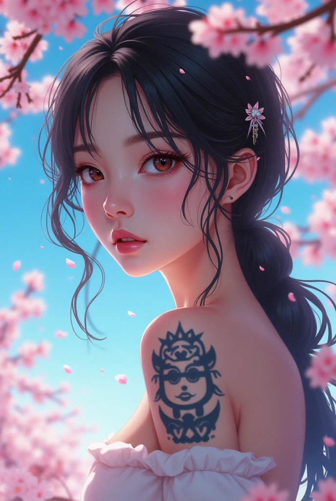 Girl , sakura , tattoo , sky, young ,tattoo on shoulder , tattoo, really real