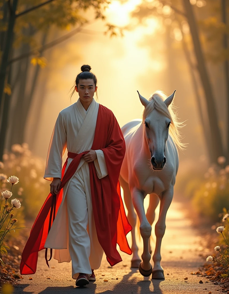 a personable gentleman，Aged between late s and early twenties，Inspired by Chinese TV series《Lotus Tower》Li Lianhua in。The man has a handsome face，as《Lotus Tower》Actor who plays Li Lianhua，Eyes full of affection and melancholy，Exudes a mature elegance and restraint。His hairstyle has bangs，Tie your hair into a neat bun，The bangs on the forehead fall naturally，Adds a youthful atmosphere。He is wearing a white gown，Soft fabric，Falling naturally，Paired with a bright red robe，appear dignified and elegant。His figure is slender and straight，Act calmly and confidently，Holding a pure white horse in hand，The horse&#39;s whole body is white and smooth，Hair is soft and shiny，Eyes gentle and steady，The fallen leaves and soil between the horses&#39; hooves are clearly visible，Increases the realism of the picture。Man wearing a pair of white ancient boots，Boot upper is pure white leather，Soft gloss，The design of the boots is simple and exquisite，Slightly rolled boot cuffs，Showcasing meticulous craftsmanship and a sense of history。The white color of the boots complements the men&#39;s white clothes.，Make the overall image more harmonious and elegant。The man walks slowly towards the camera，Steady pace，His expression showed deep relief and a touch of helplessness.，As if accepting the fate，Finally choose to leave。He knew that the woman&#39;s deep affection was still waiting for that old man，No chance in this life，Only the next life will continue。

The background is set on a quiet mountain road，The afterglow of the setting sun dyes the entire scene with golden light and shadow。The light is real and warm，The mountains in the distance and the remaining clouds on the horizon look  and beautiful。The path is lined with low bamboo forests and scattered wild flowers.，blowing with the evening wind，The texture and real details of bamboo leaves and wildflowers are clearly visible。The entire screen presents unparalleled resolution，Details remain clear and realistic even when zoomed in，Make this image look great on the big screen or up close，All display stunning picture quality。

The background and atmosphere should reflect his quiet guardianship、A state of relief and a silent farewell。