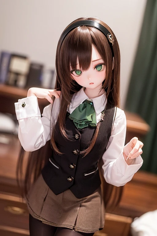 (SFW:2), photorealistic, realistic photo, 8k, ((highest quality)), ((masterpiece)), (extremely detailed), kukolnydom, doll, (mature woman, 21yo, 2, solo, room:1.6), ((cowboy shot, acrobatic pose, slim, slender, skinny, medium breasts, hairband, vest, ascot, dress shirt, long puff sleeves, pleated skirt, black pantyhose)), (green eyes, brown hair, long hair, plastic skin, looking at another, glass eyes, gradient eyes, shining eyes, detailed eyes:1.3)
