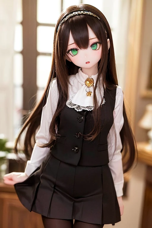 (SFW:2), photorealistic, realistic photo, 8k, ((highest quality)), ((masterpiece)), (extremely detailed), kukolnydom, doll, (mature woman, 21yo, 2, solo, room:1.6), ((cowboy shot, acrobatic pose, slim, slender, skinny, medium breasts, hairband, vest, ascot, dress shirt, long puff sleeves, pleated skirt, black pantyhose)), (green eyes, brown hair, long hair, plastic skin, looking at another, glass eyes, gradient eyes, shining eyes, detailed eyes:1.3)