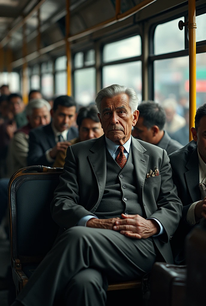 An old man sitting in a full bus