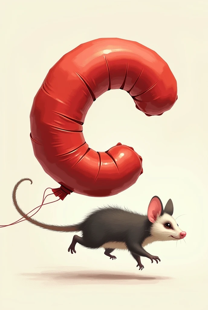 Lyrics "c" balloon shaped in red and white colors, floating, but in a hurry by lines being supported by timbu (White-eared Possum)