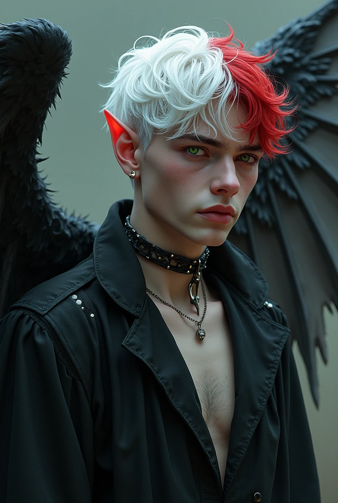 A boy who looks like someone in his 20s, her hair is white and red and her skin is white and pale, each of your eyes has a different color from the other, he is sad and melancholic because he is not reciprocated by the man he loves, he looks like a gothic, he is an angel who lost his heavenly grace and was cursed, he has vampire teeth and one of his wings is a skeleton and the other is a bat, he is a dark wizard, he has a black wolf made entirely of darkness, he wears a choker and a skeleton necklace, he also likes butterflies and is an RPG character, he cries black tears and is always accompanied by his dark wolf, the wolf appears to be made of black smoke, he also has pointy ears and wears the robes of a dark wizard.