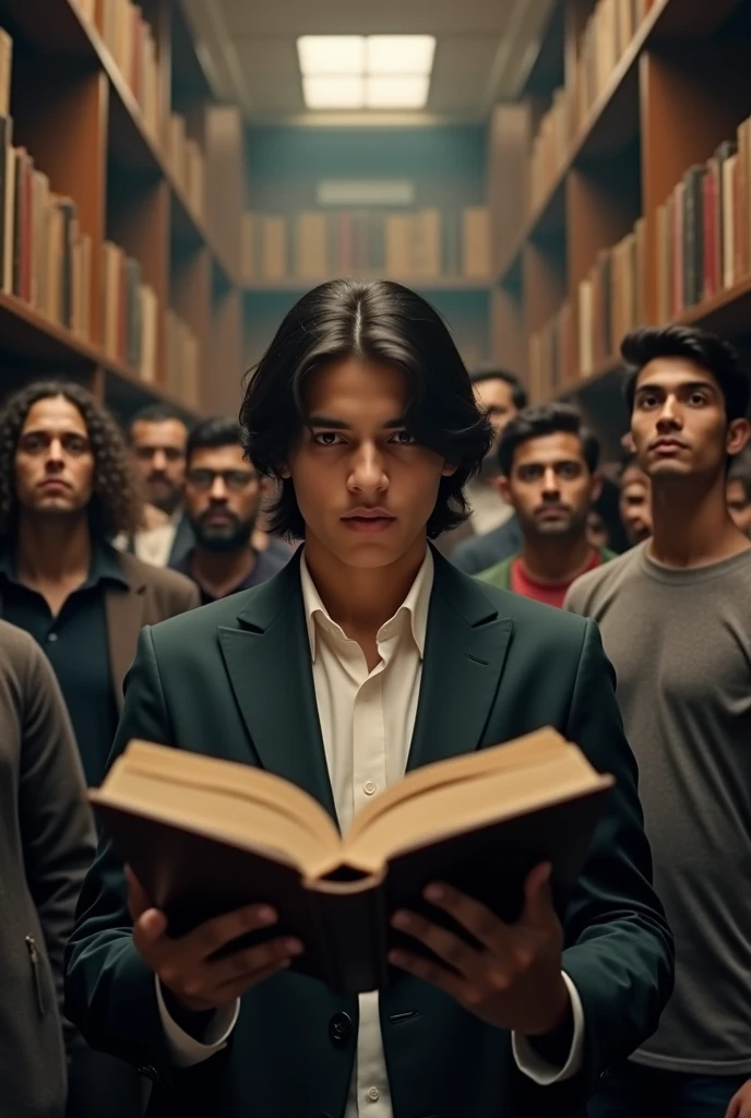 Make a cinematic , realistic image of Pakistani guy with clean face and long hair wearing a suit.
Explore the Books in library.behind him in a shocking audience giving thier reactions .he is sitting and still reading the book.4k aspect ratio of 16:9