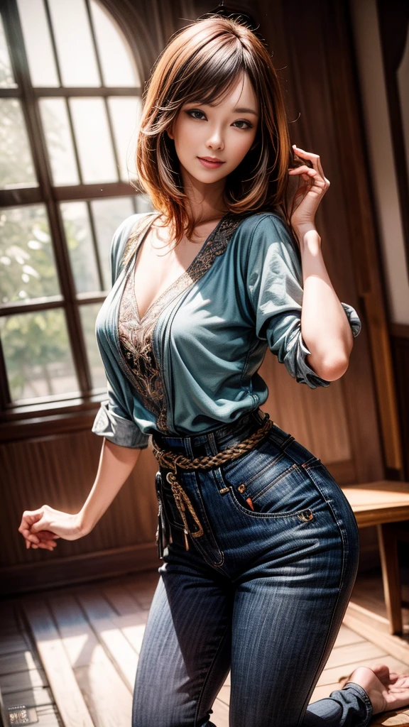 (best quality,4k,8k,highres,masterpiece:1.2),ultra-detailed, 3 Japanese woman, gyaru, five foot five inches tall, ginger colored hair, mole by her left eye, blue button up blouse, maroon jeans, large swollen breasts, wide hips, dancing around mid-western suburban american house, seductive pose, smiling lustfully, looking at viewer lovingly, ((intricate detail)),(((realism))), HDR, 8k, absurdres, cinestill 800, sharp focus, add_detail:2, (solo, woman)
